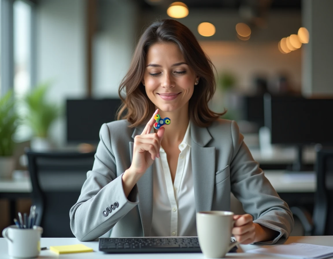 Femme souriante en pause anti-stress au bureau faisant tourner une toupie sur son doigt