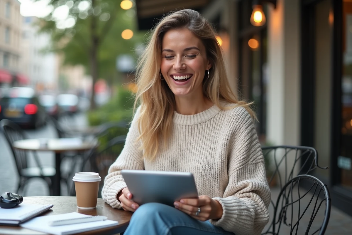 Femme souriante avec tablette dans un café urbain