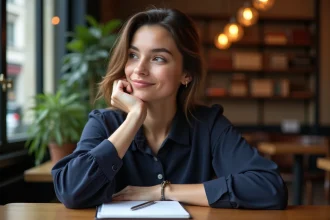 Jeune femme pensante dans un café parisien authentique