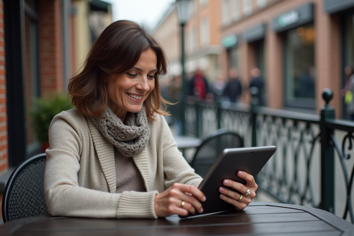Femme détendue utilisant une tablette dans un café en ville