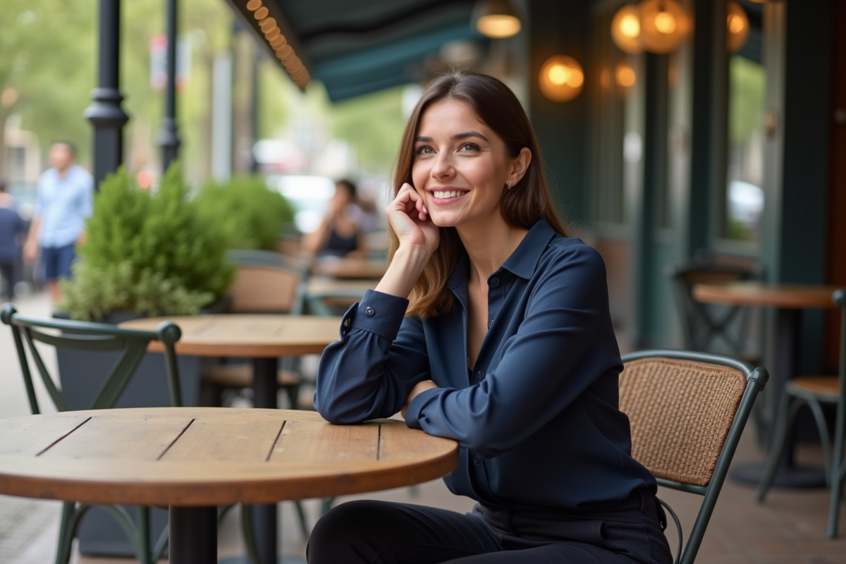 Femme souriante en terrasse de café en plein air