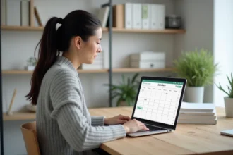 Femme consultant un calendrier numérique avec numéros de semaines paires et impaires sur un ordinateur portable en 2026