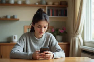 Femme consultant le centre d'aide Le Bon Coin sur son smartphone depuis son appartement