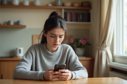 Femme consultant le centre d'aide Le Bon Coin sur son smartphone depuis son appartement