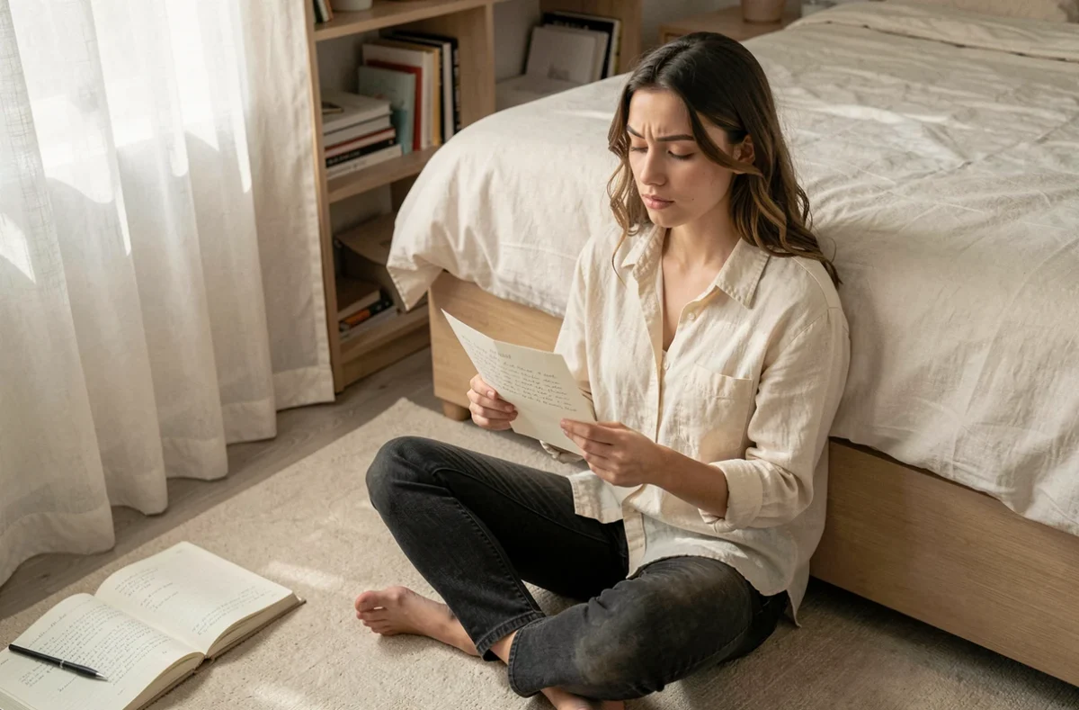 Jeune femme assise sur le sol de sa chambre tenant une lettre, exprimant la dépendance émotionnelle et la souffrance d'un amour non partagé