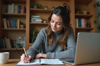 Femme écrivant des chiffres romains sur un bloc-notes dans un bureau à domicile, vérification manuelle de la conversion