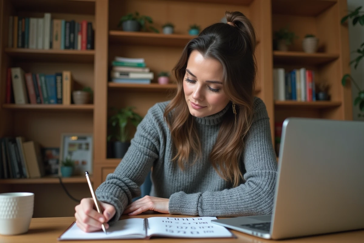 Femme écrivant des chiffres romains sur un bloc-notes dans un bureau à domicile, vérification manuelle de la conversion