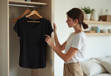 Femme choisissant un haut noir dans une chambre lumineuse