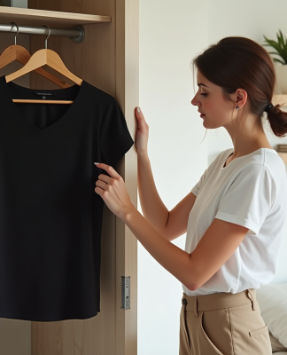 Femme choisissant un haut noir dans une chambre lumineuse