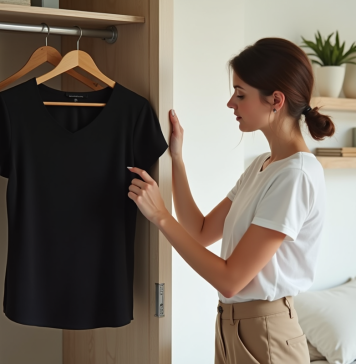 Dressing minimaliste : les clés d’une garde-robe épurée et pratique Femme choisissant un haut noir dans une chambre lumineuse