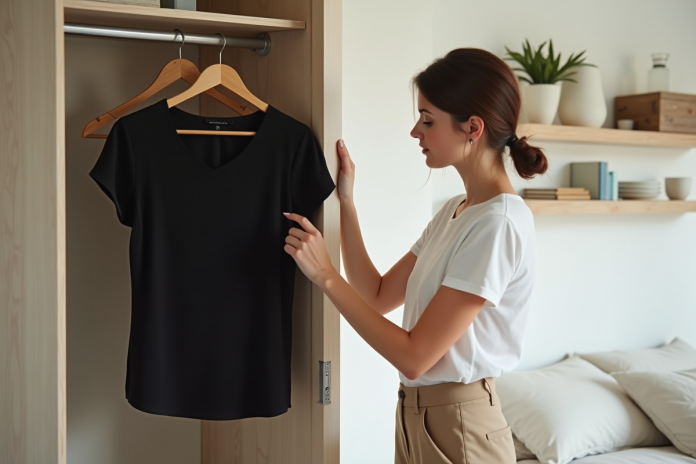 femme-choix-vetements-chambre Femme choisissant un haut noir dans une chambre lumineuse