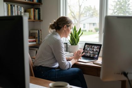 Femme en visioconference dans un bureau à domicile