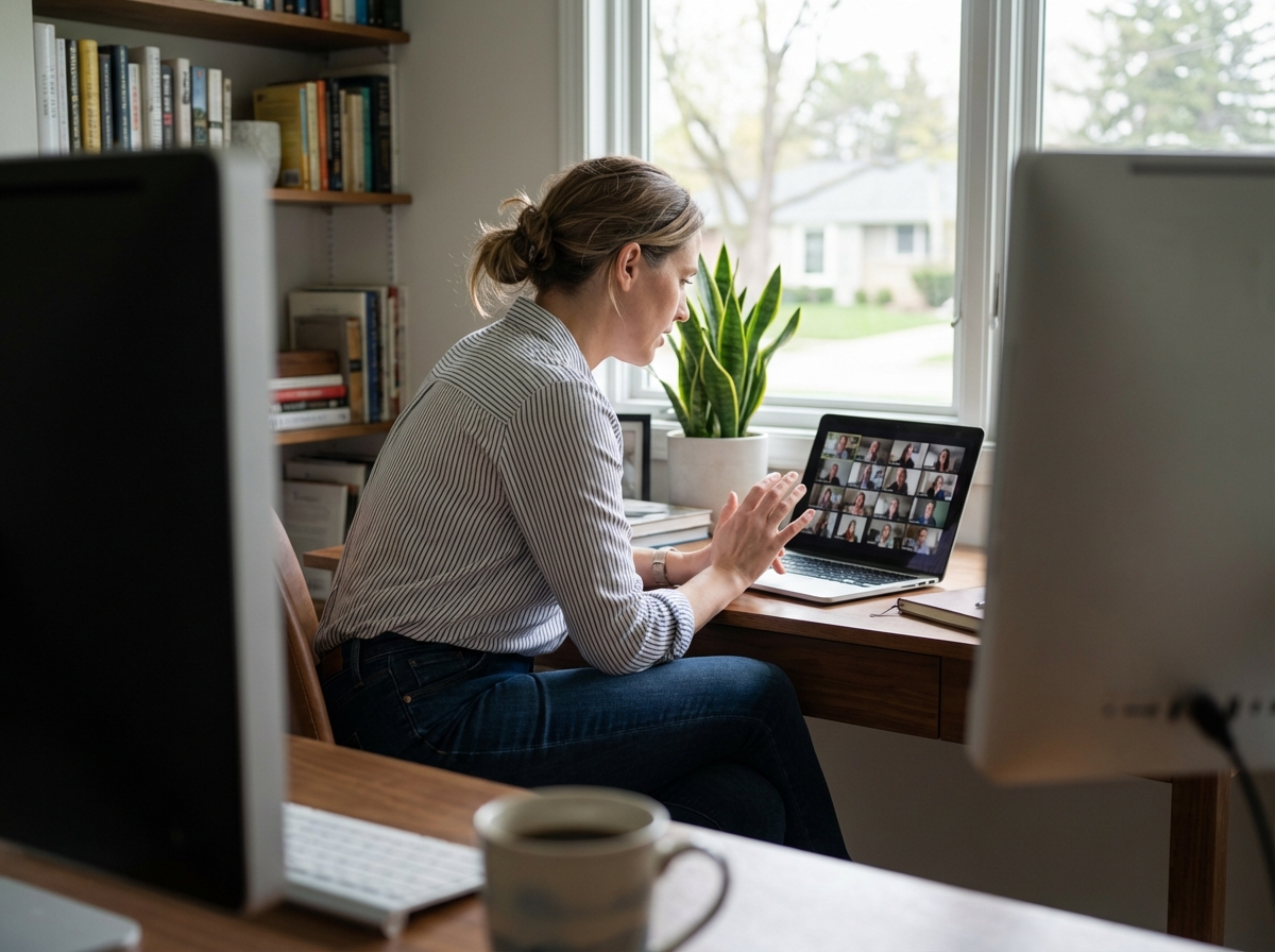 Femme en visioconference dans un bureau à domicile