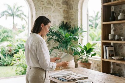 Femme en blanc compare des échantillons dans un appartement moderne
