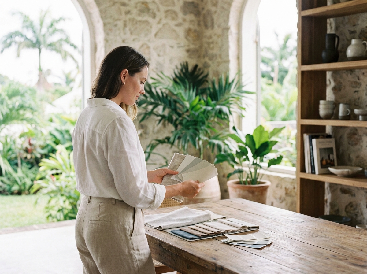 Femme en blanc compare des échantillons dans un appartement moderne