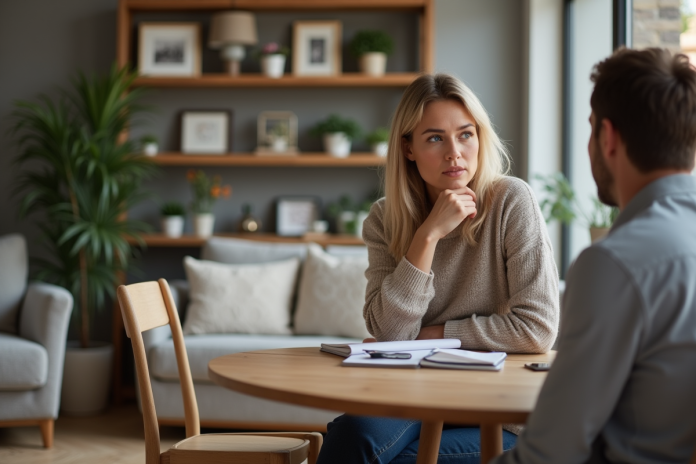 Femme attentive écoute agent immobilier dans un salon chaleureux