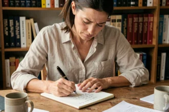 Femme écrivant la règle d'orthographe du mot mille dans un cahier avec un stylo plume, entourée de dictionnaires français