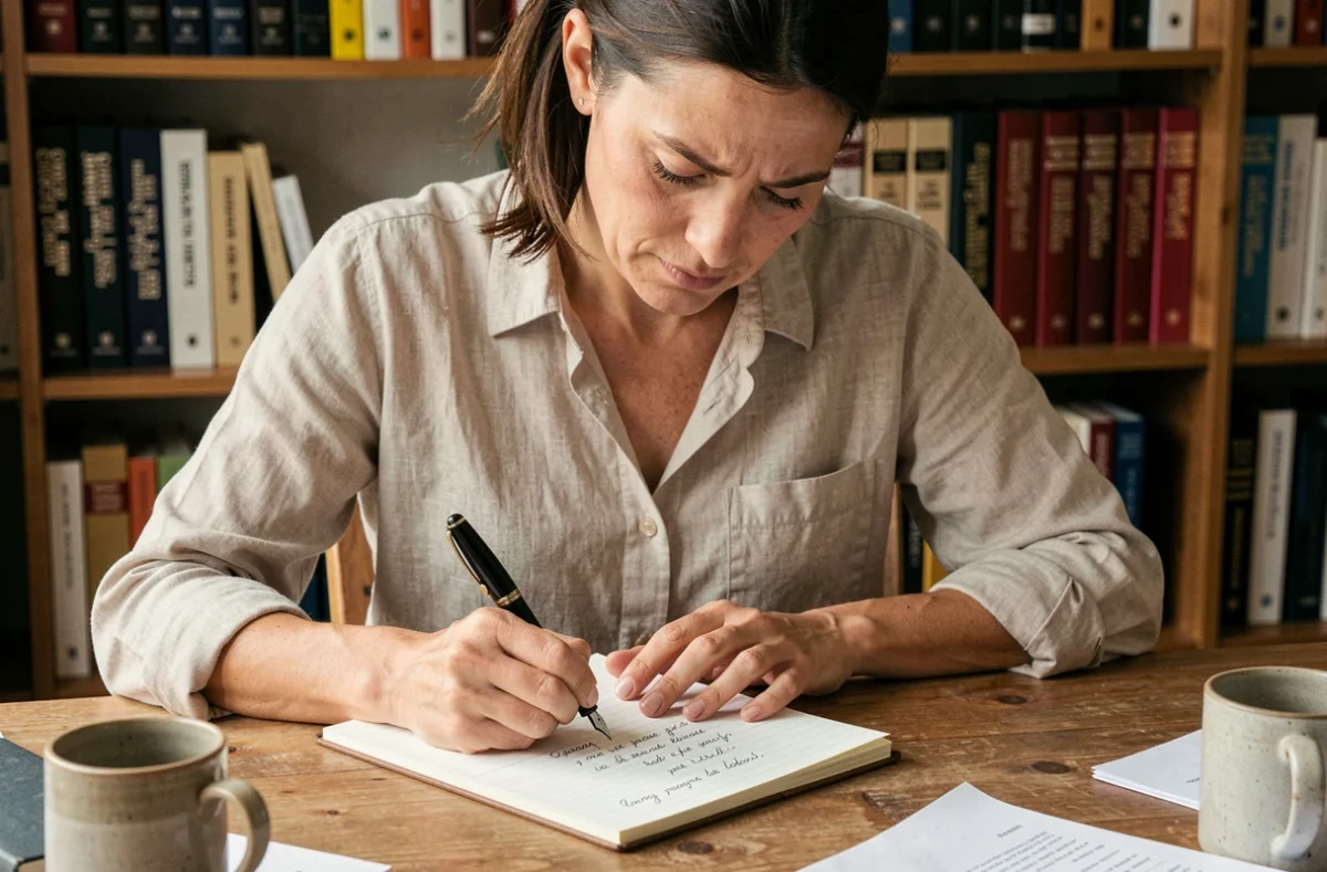 Femme écrivant la règle d'orthographe du mot mille dans un cahier avec un stylo plume, entourée de dictionnaires français