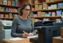 Femme espagnole en boutique de fournitures de bureau