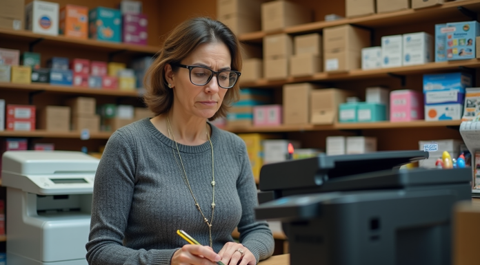 Femme espagnole en boutique de fournitures de bureau