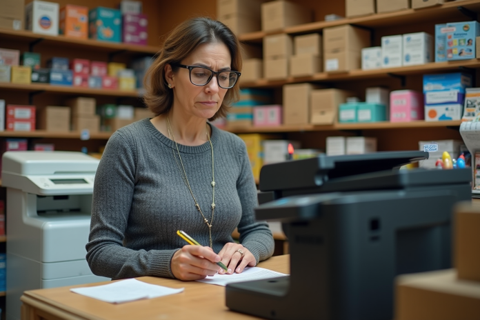 Femme espagnole en boutique de fournitures de bureau