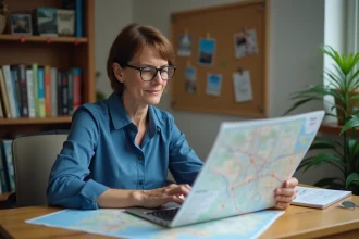 Femme étudie une carte de Belgique à son bureau