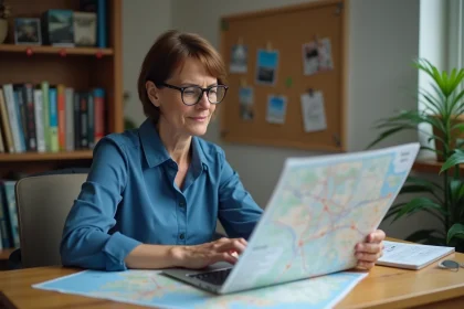 Femme étudie une carte de Belgique à son bureau