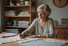 Femme examinant des échantillons de tissus dans un studio