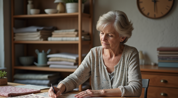 Femme examinant des échantillons de tissus dans un studio