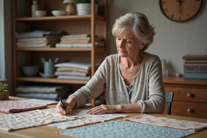 Femme examinant des échantillons de tissus dans un studio