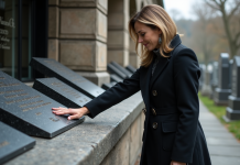 Comparatif des prix des plaques funéraires : où trouver la meilleure offre ? Femme examinant des plaques funéraires gravées devant un monument