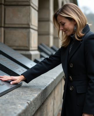 Femme examinant des plaques funéraires gravées devant un monument