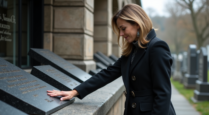 Femme examinant des plaques funéraires gravées devant un monument