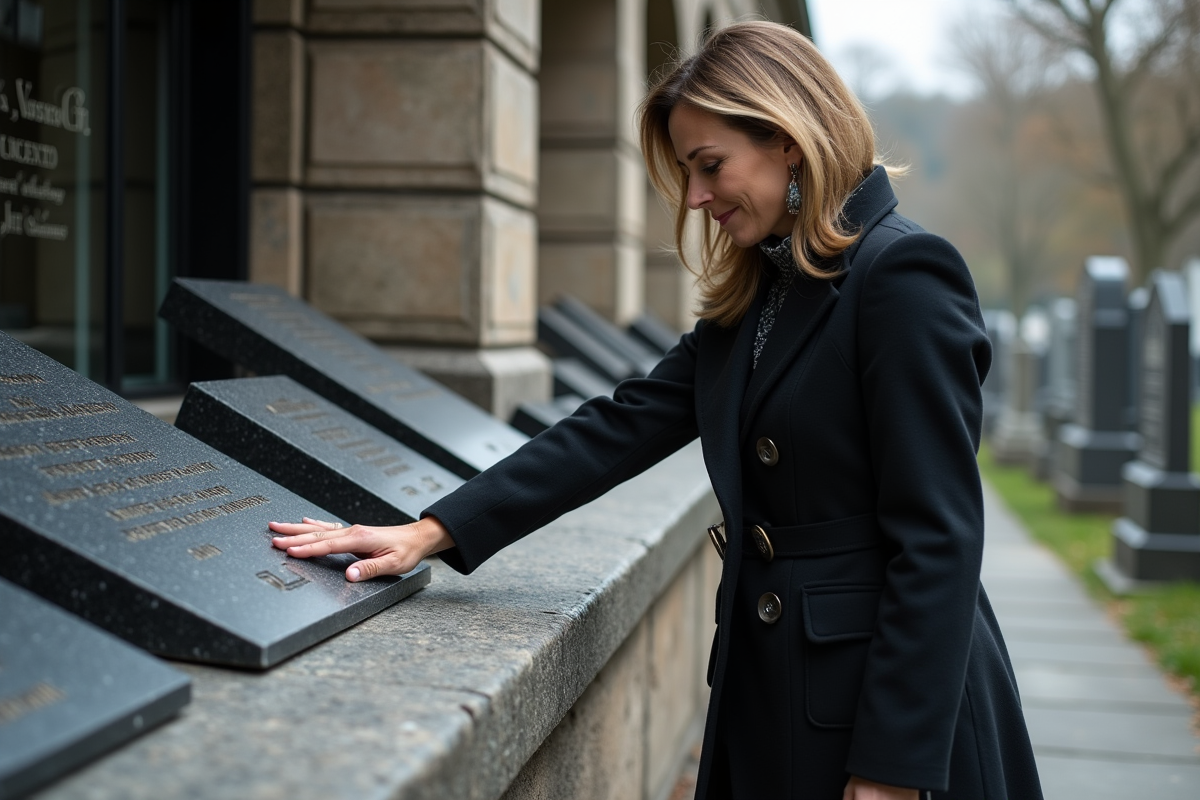 Femme examinant des plaques funéraires gravées devant un monument
