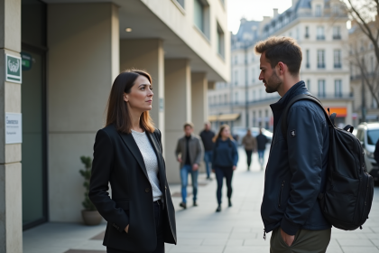 Femme d'affaires discutant avec un jeune immigrant devant un bâtiment français