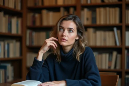 Femme pensive assise dans une bibliothèque tenant un livre ouvert, illustrant le profil INFJ médiateur du MBTI