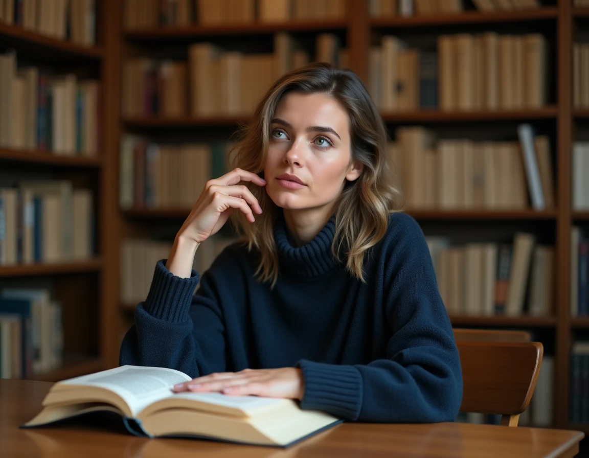 Femme pensive assise dans une bibliothèque tenant un livre ouvert, illustrant le profil INFJ médiateur du MBTI