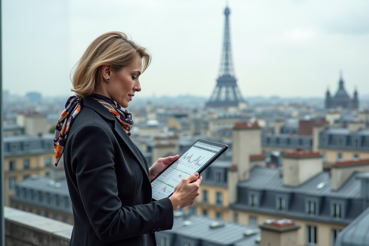 Femme avec tablette sur un rooftop parisien