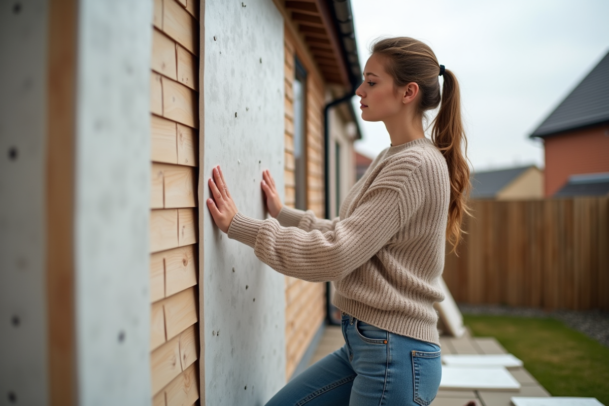 Jeune femme posant des panneaux d isolation sur un mur extérieur