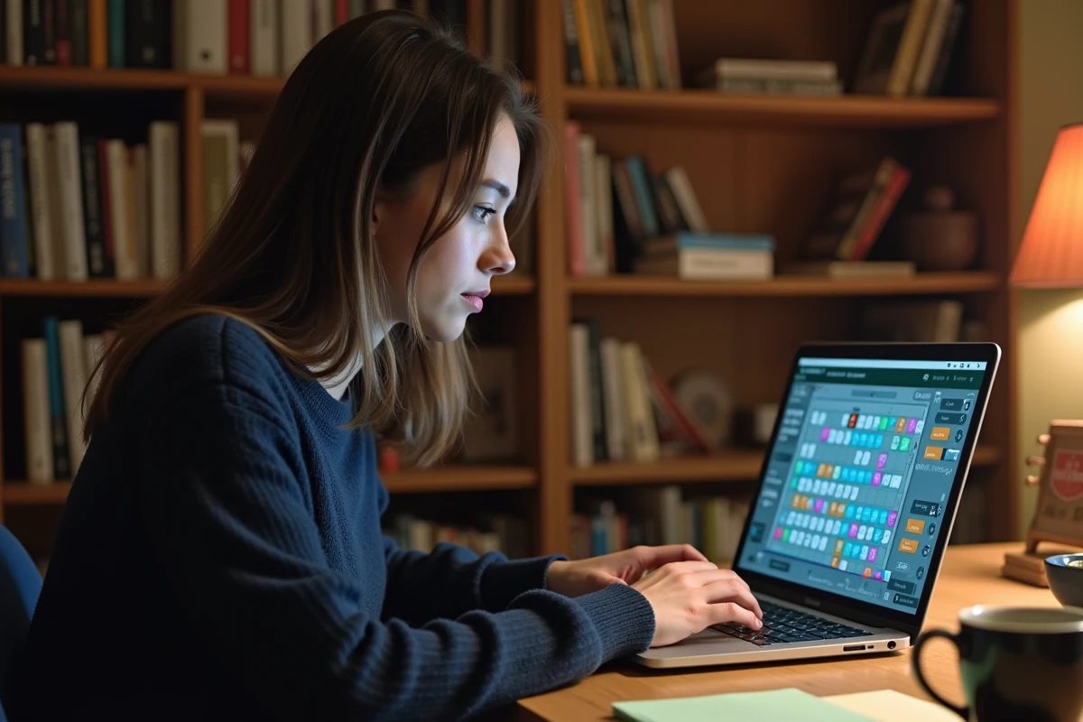 Jeune femme jouant à un jeu de mots en ligne sur ordinateur portable, illustrant la différence entre Cimentix et Cémantix