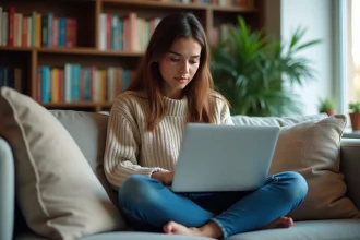 Jeune femme concentrée sur son ordinateur dans un salon moderne