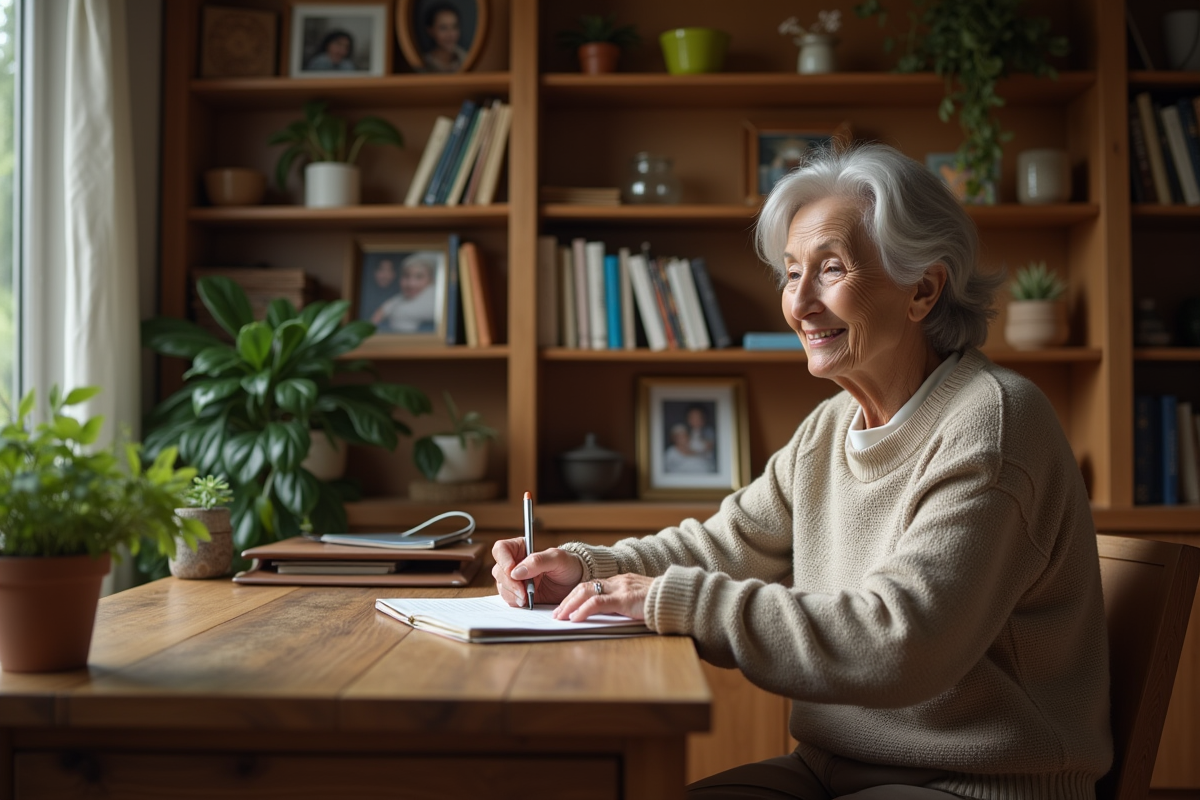 Femme âgée lisant dans un bureau chaleureux