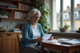 Femme française lisant une lettre officielle dans sa cuisine