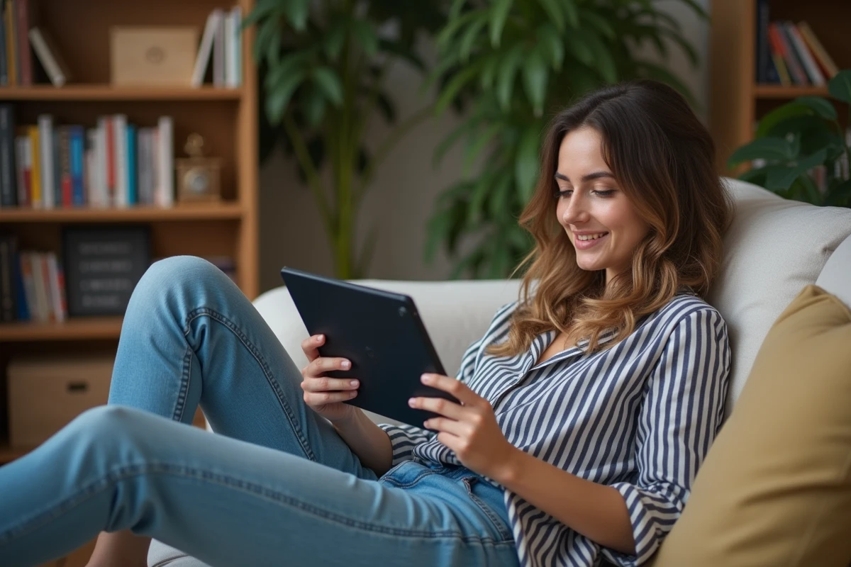 Jeune femme détendue avec tablette dans un appartement parisien