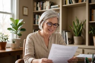 Femme d'une cinquantaine d'années portant des lunettes progressives à monture écaille en train de lire un document dans un bureau à domicile
