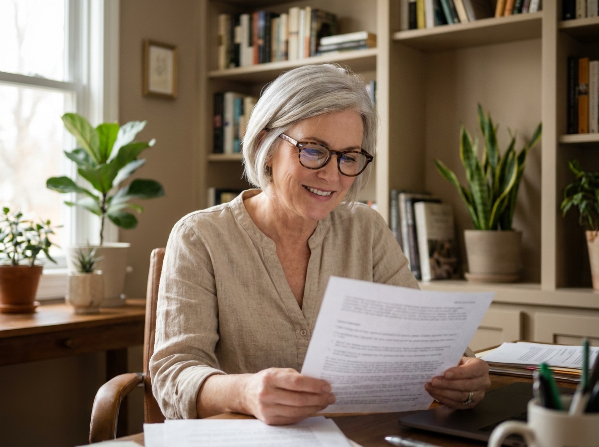 Femme d'une cinquantaine d'années portant des lunettes progressives à monture écaille en train de lire un document dans un bureau à domicile
