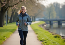 Bienfaits de la marche quotidienne : 1 heure par jour pour votre santé Femme sportive marche au bord de l'eau au printemps
