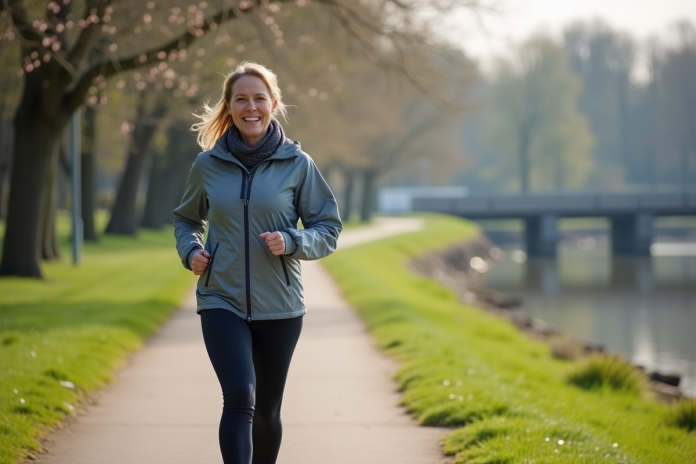 femme-marche-rives-spring Femme sportive marche au bord de l'eau au printemps
