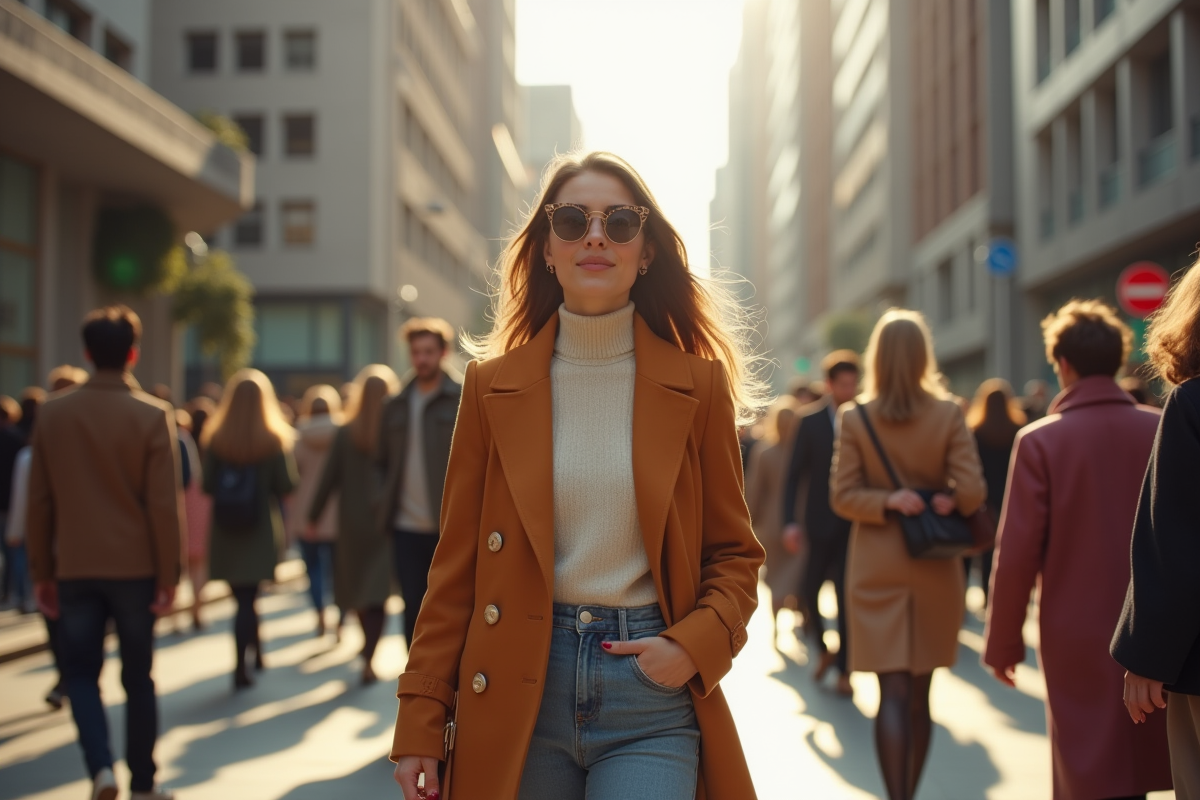 Jeune femme élégante marchant dans la ville dynamique