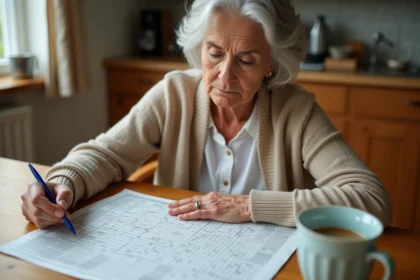 Femme concentrée résolvant des mots fléchés difficiles sur un journal posé sur une table en bois